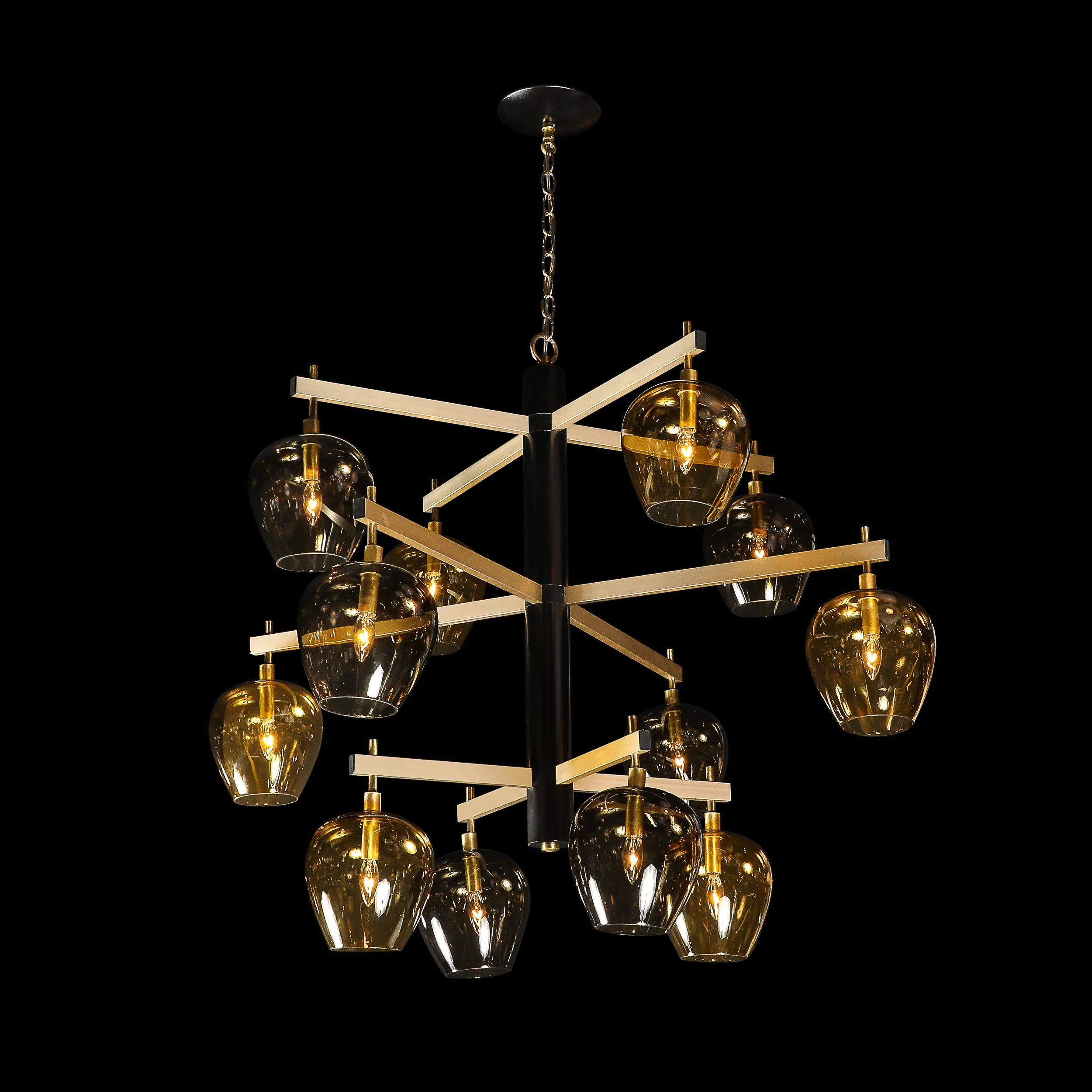 Mid-Century 3-Tier Chandelier in Amber & Smoked Glass Shades